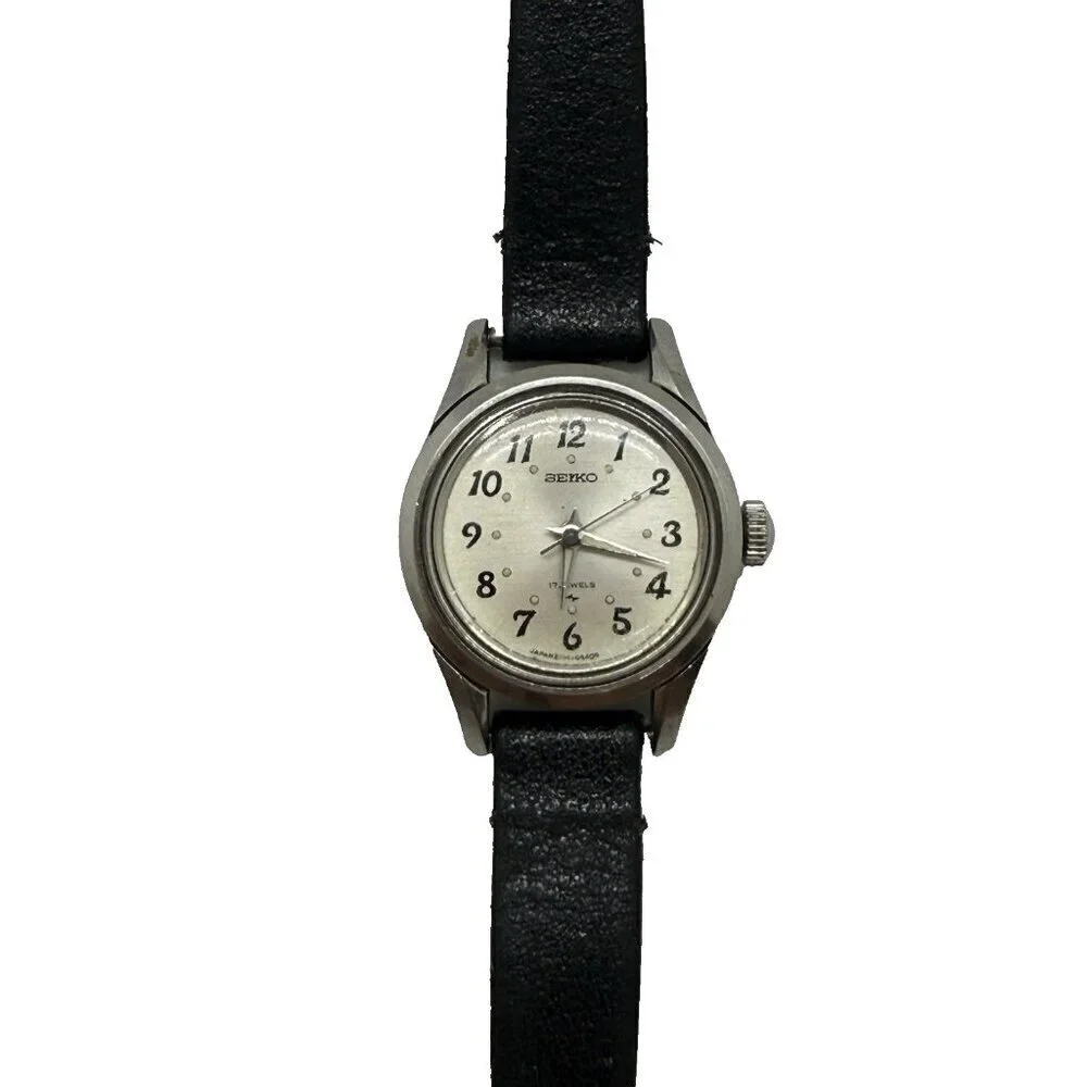 Vtg Seiko 2104-0138 Manual Wind 17Jewels Stainless Steel Womens Watch Black Band